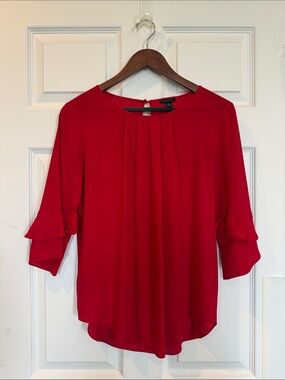 Ann Taylor Red Ruffle-Sleeve Pleat Front Blouse, Size XS
